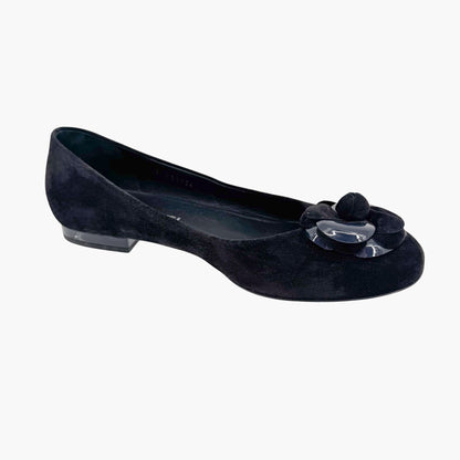 Chanel Camellia CC Ballet Flats in Black Suede – Size 38.5