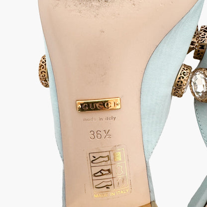 Gucci Lyric Moire Crystal-Embellished Mules in Light Blue Size 36.5