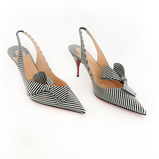 Christian Louboutin Clare Nodo 80 Pumps in Black-White Striped Patent Leather Size 38