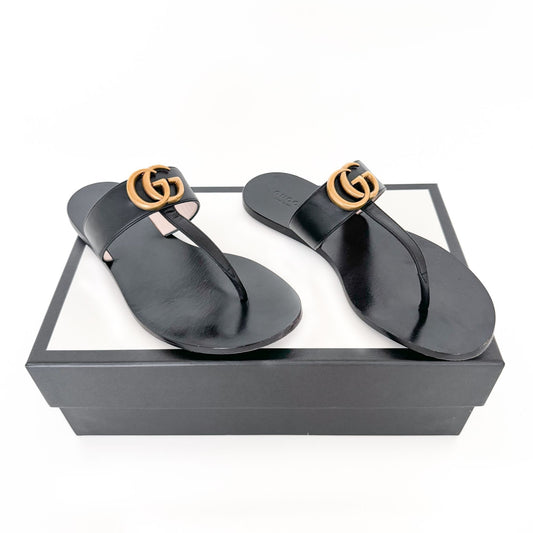 Gucci Marmont GG Thong Sandals in Black Leather Size 37