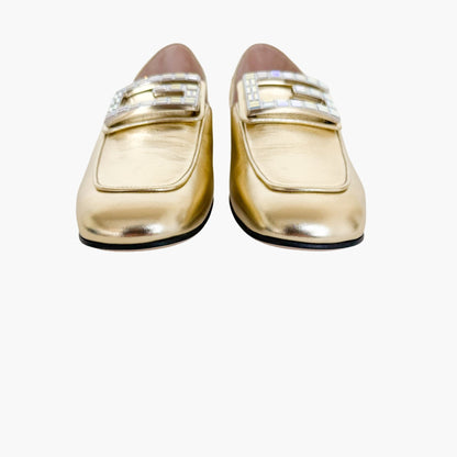 Gucci Madelyn Crystal G Loafers in Metallic Gold Size 40