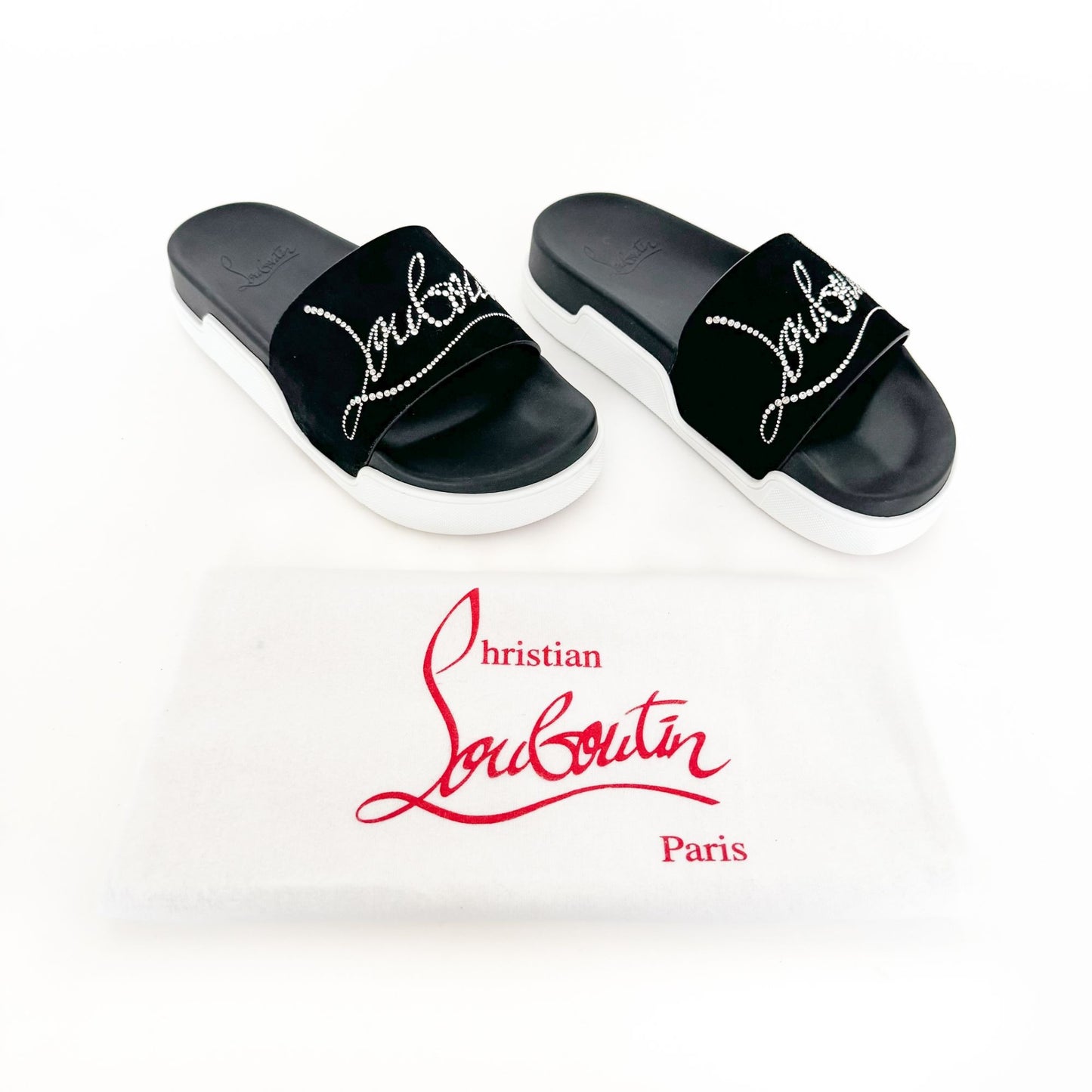 Christian Louboutin Dear Pool Crystal-Embellished Slide Sandal in Black Suede Size 40