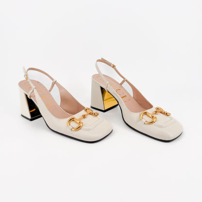 Gucci Baby Horsebit Slingback Pumps in White Leather Size 39.5