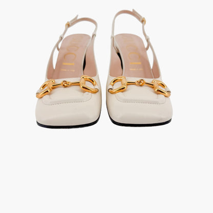 Gucci Baby Horsebit Slingback Pumps in White Leather Size 39.5