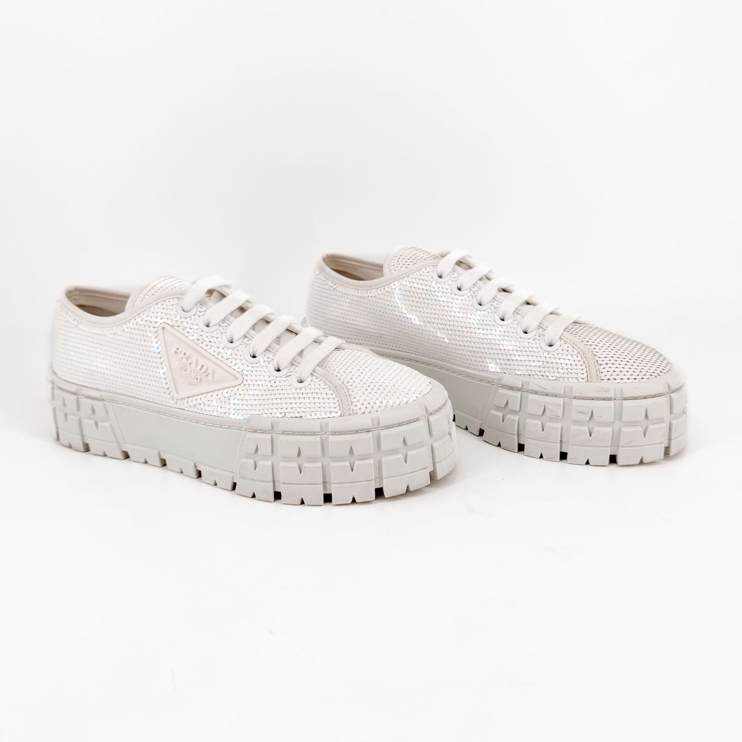 Prada Double Wheel Sequin Platform Sneakers White Size 39