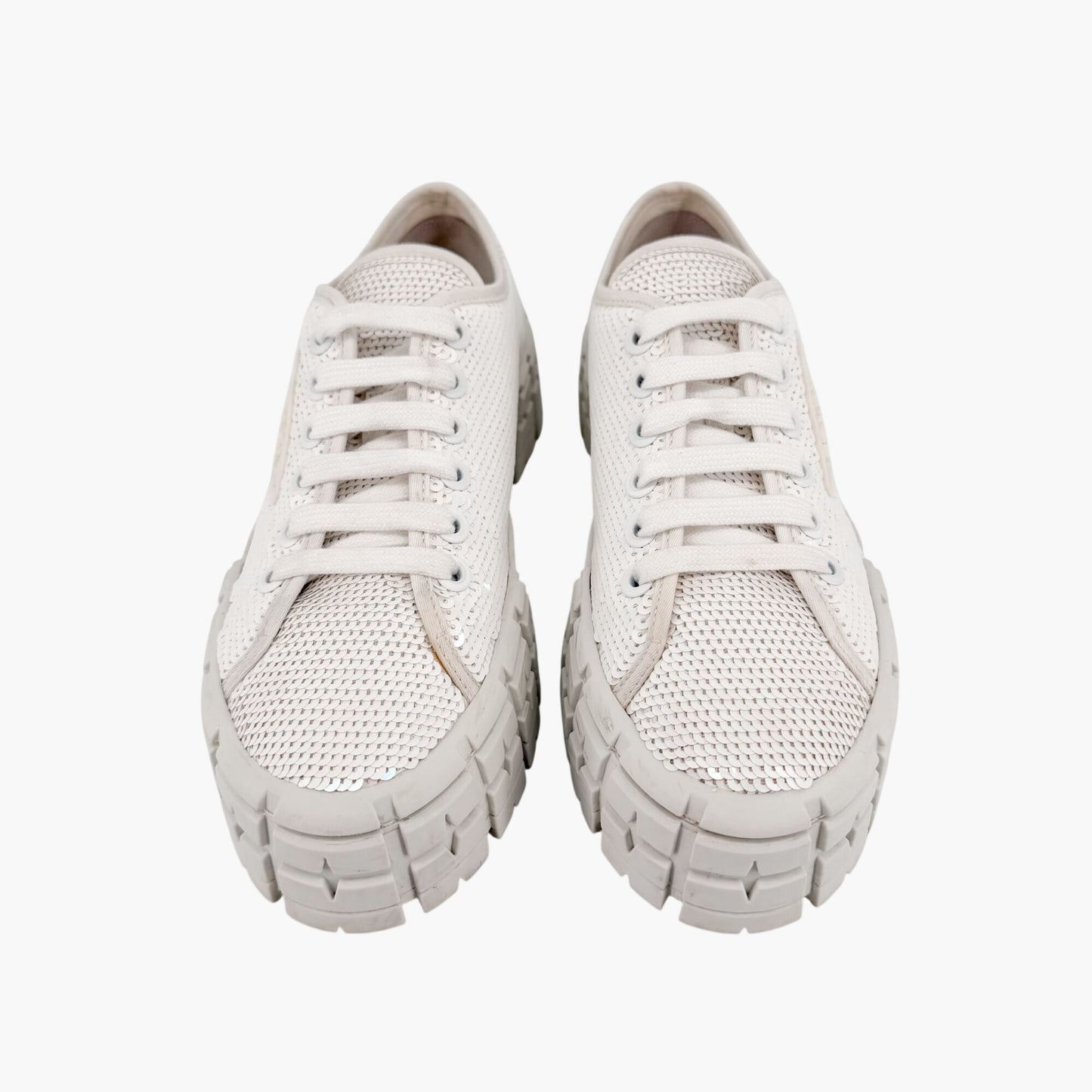 Prada Double Wheel Sequin Platform Sneakers White Size 39