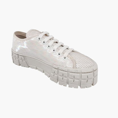 Prada Double Wheel Sequin Platform Sneakers White Size 39