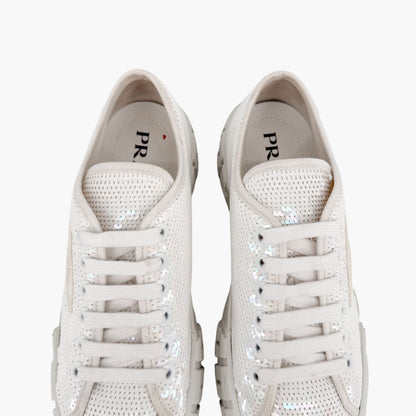 Prada Double Wheel Sequin Platform Sneakers White Size 39