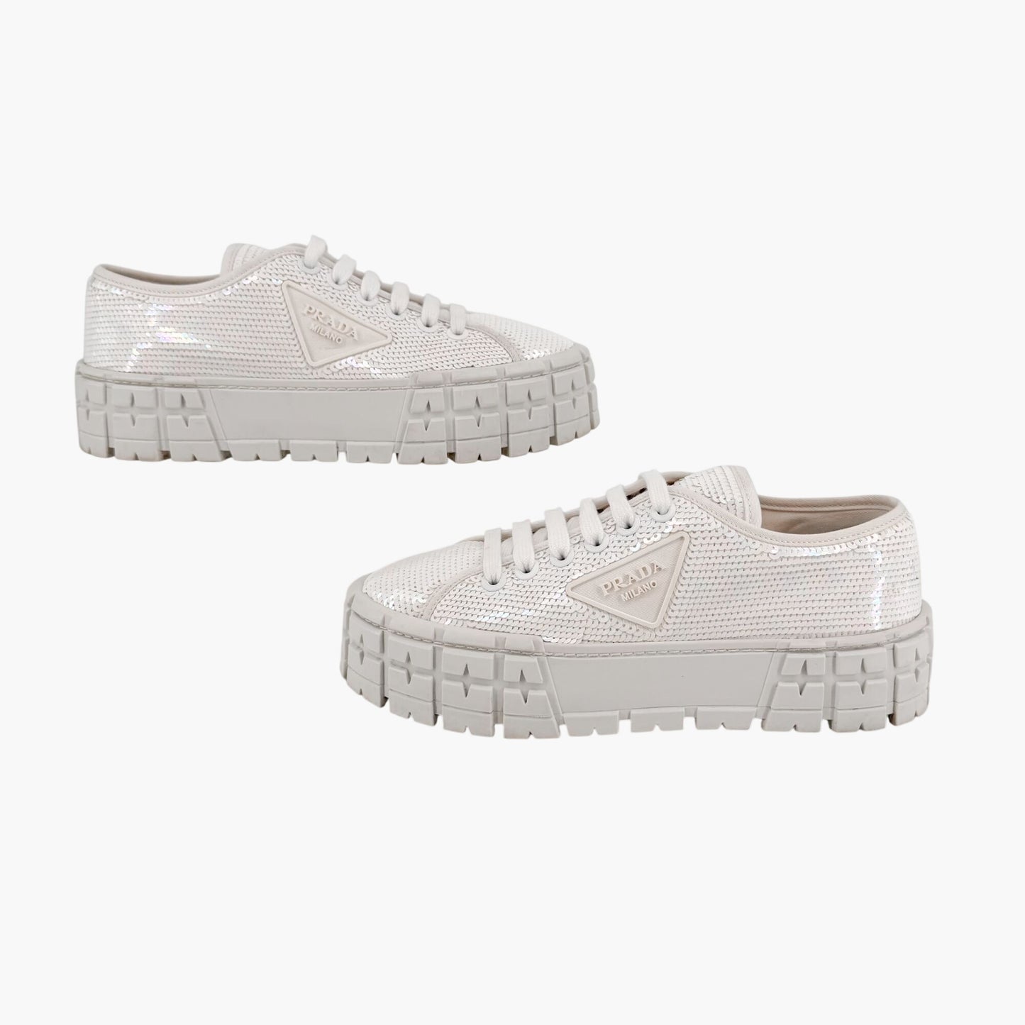 Prada Double Wheel Sequin Platform Sneakers White Size 39