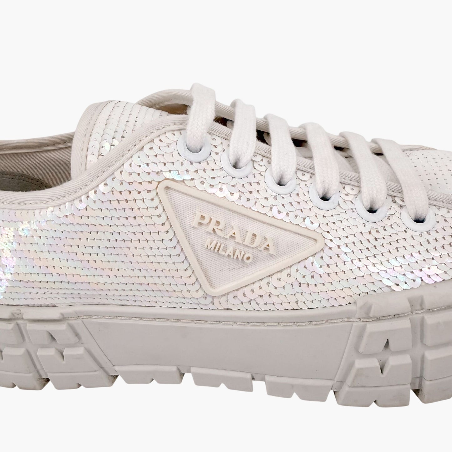 Prada Double Wheel Sequin Platform Sneakers White Size 39