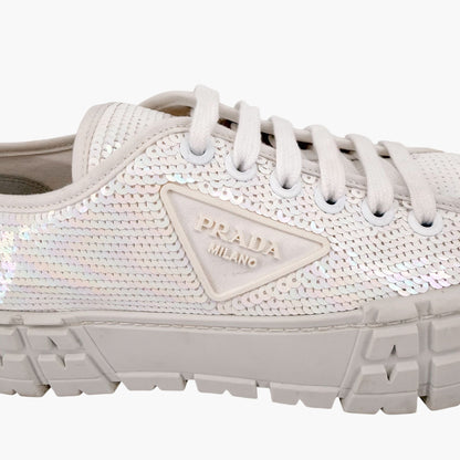Prada Double Wheel Sequin Platform Sneakers White Size 39