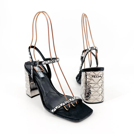 Prada Crystal Embellished Block Heel Sandals in Black Satin – Size 37.5