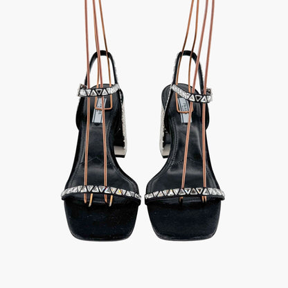 Prada Crystal Embellished Block Heel Sandals in Black Satin – Size 37.5