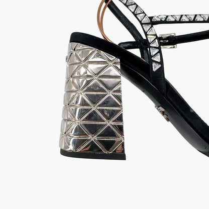 Prada Crystal Embellished Block Heel Sandals in Black Satin – Size 37.5
