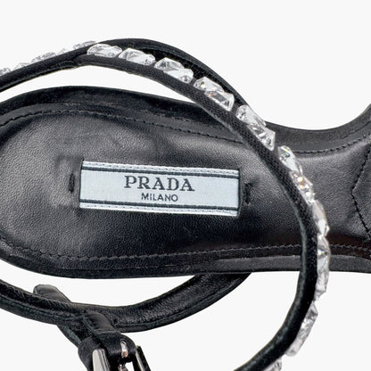 Prada Crystal Embellished Block Heel Sandals in Black Satin – Size 37.5