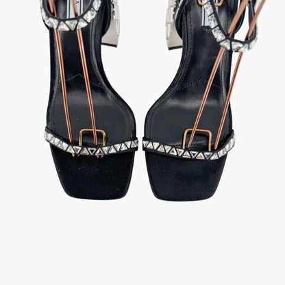 Prada Crystal Embellished Block Heel Sandals in Black Satin – Size 37.5