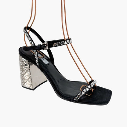 Prada Crystal Embellished Block Heel Sandals in Black Satin – Size 37.5