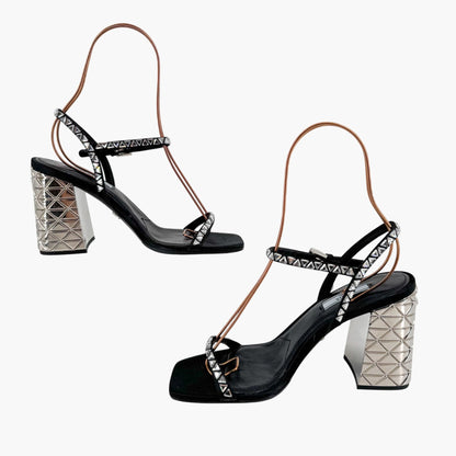 Prada Crystal Embellished Block Heel Sandals in Black Satin – Size 37.5