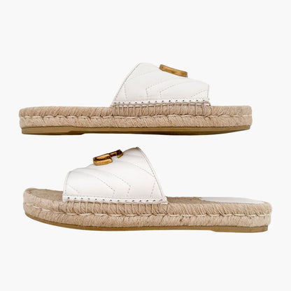 Gucci Pilar Marmont GG Espadrille Slide Sandals in White Matelassé Leather Size 37.5