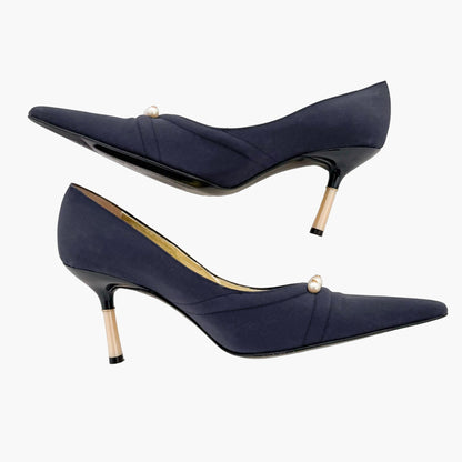 Chanel Vintage CC Pearl Pumps in Navy Blue Size 37.5