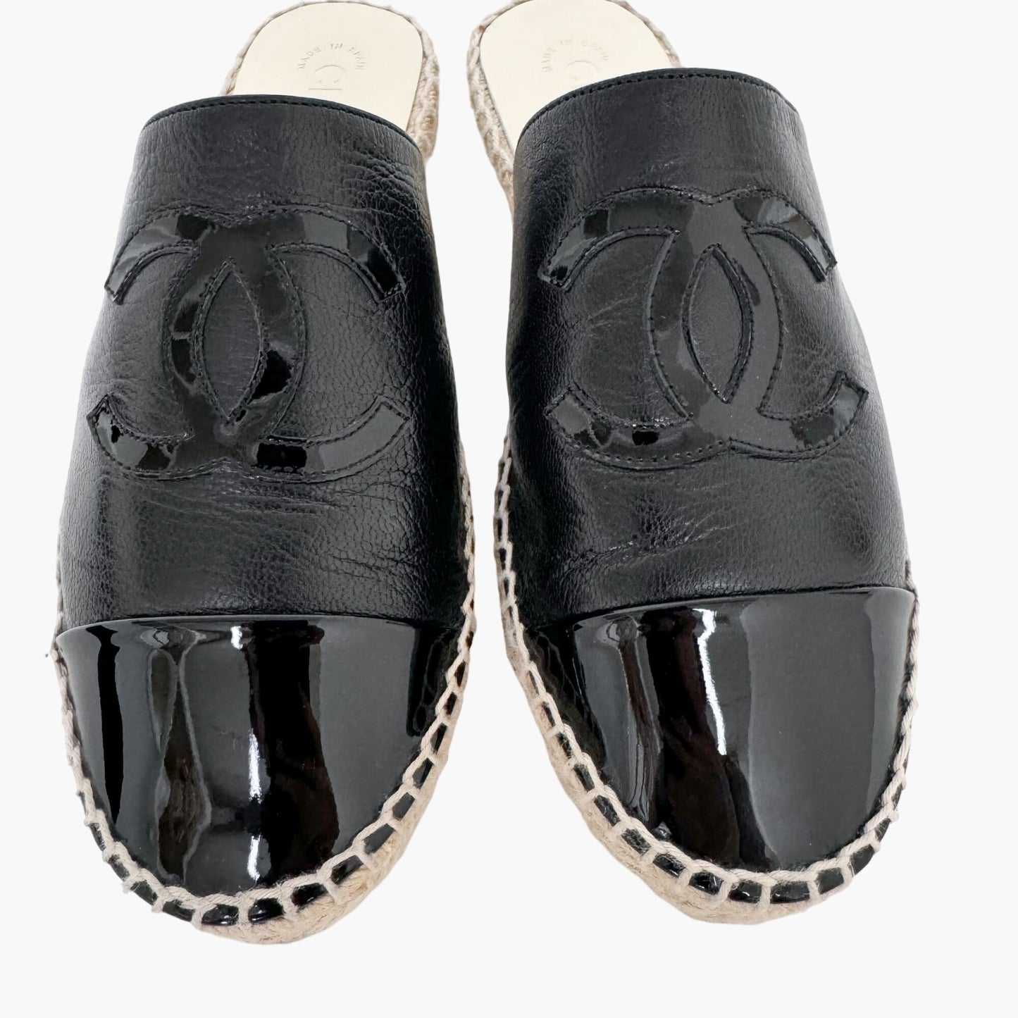 Chanel CC Espadrille Mule Flats in Black Leather Size 37