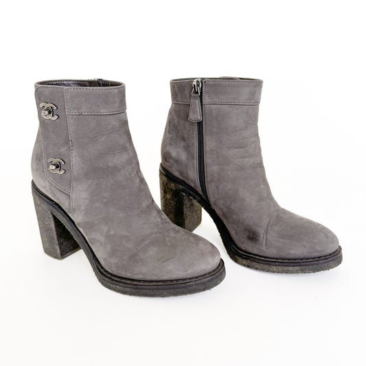 Chanel CC Turnlock Ankle Boots in Grey Suede Size 38