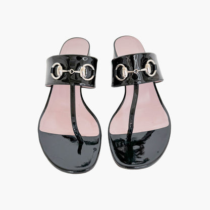 Gucci Lilane Horsebit Low Block Heel Thong Sandals in Black Patent Leather Size 37.5