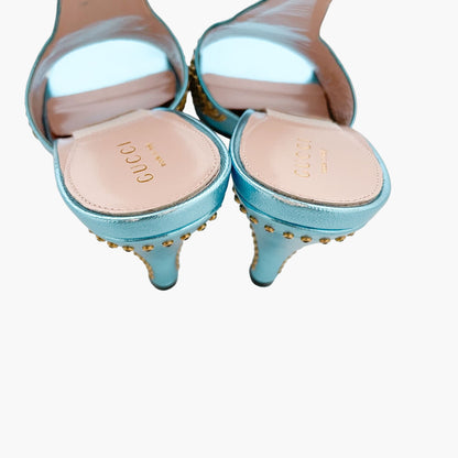 Gucci Fedra Crystal-Embellished Mules in Cielo (Metallic Blue) Size 37