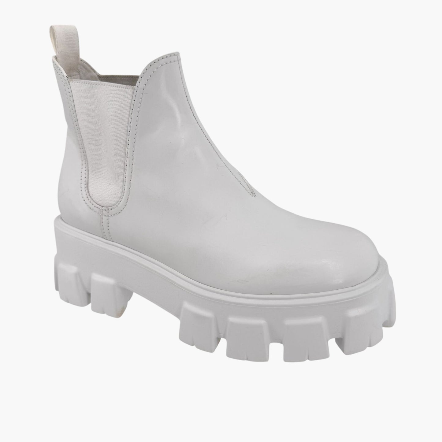 Prada Monolith Chelsea Boots in White Leather with Lug Soles – Size 37