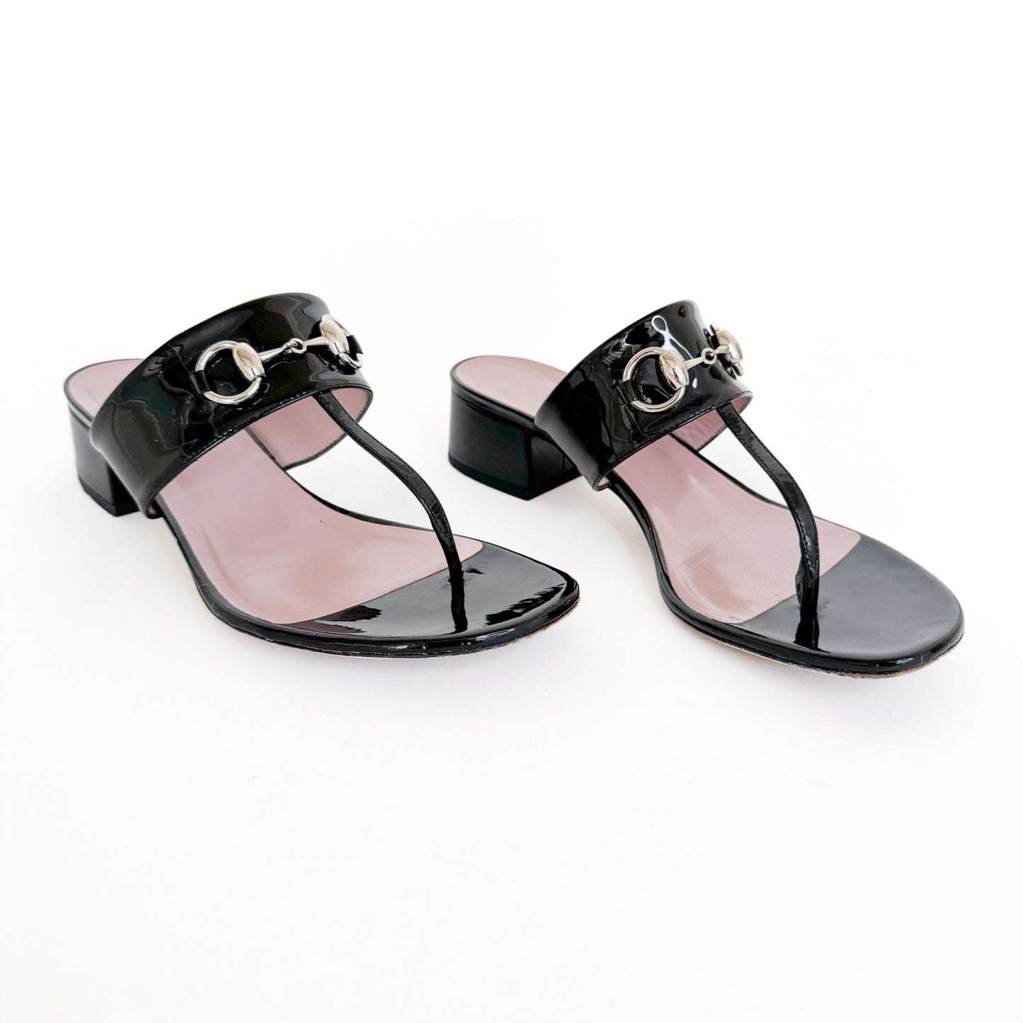 Gucci Lilane Horsebit Low Block Heel Thong Sandals in Black Patent Leather Size 37.5