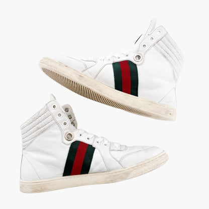 Gucci Coda High Top Web Stripe Sneakers in White Leather Size 37