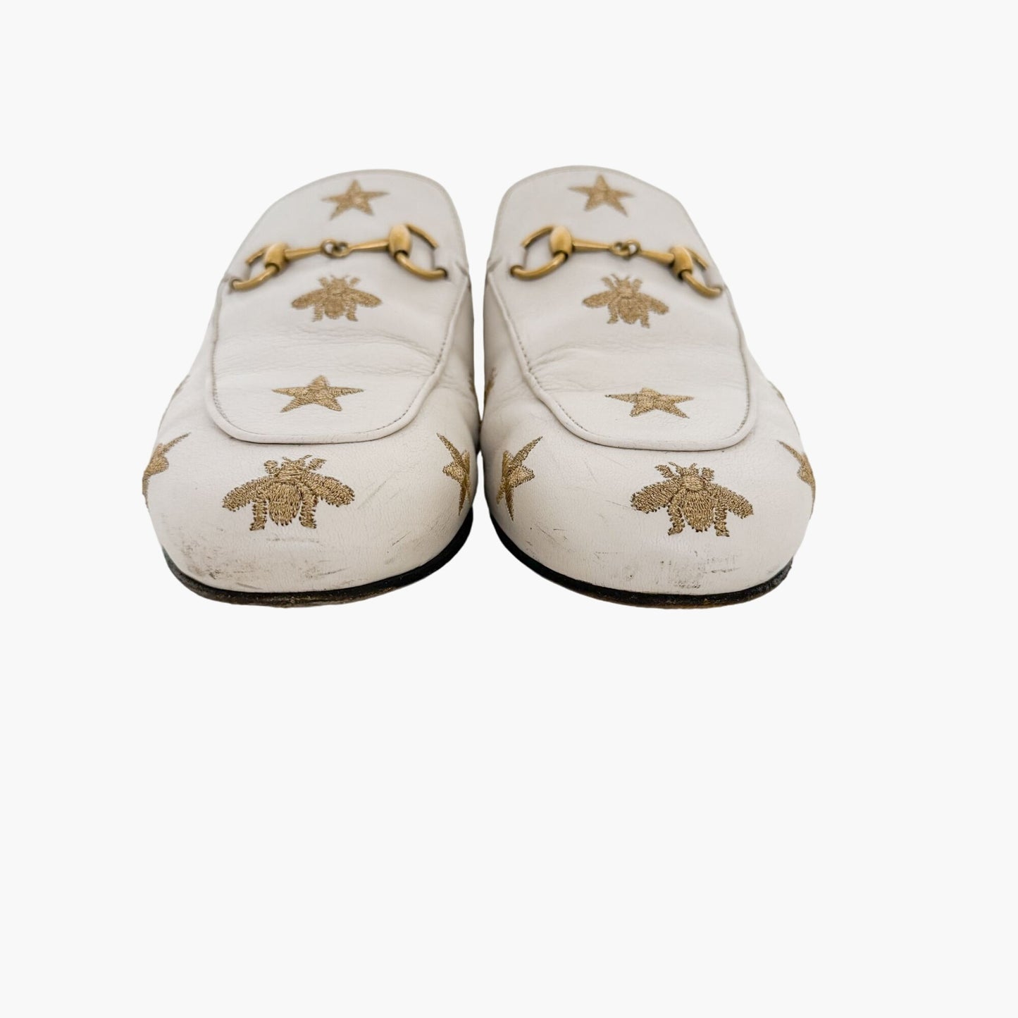 Gucci Princetown Horsebit Loafer Mule in Bee & Star Embroidered White Leather Size 37