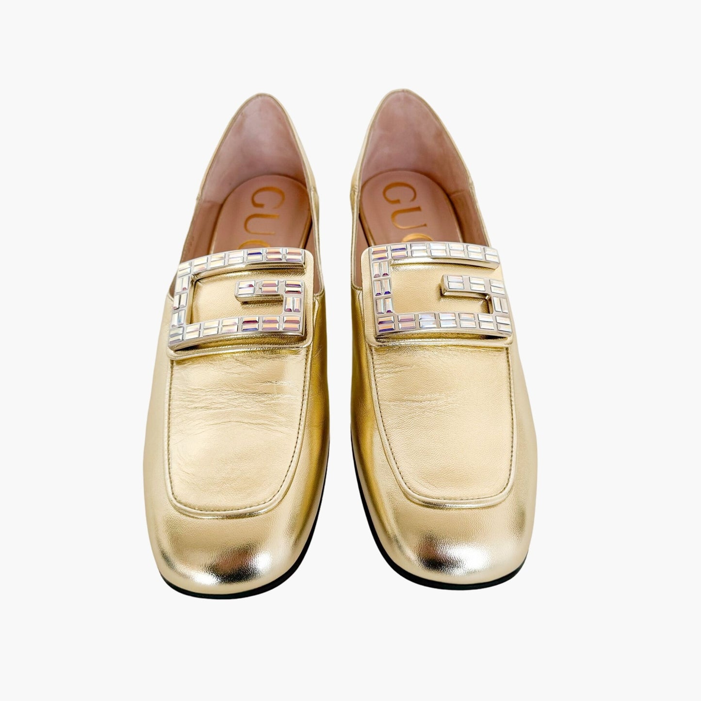 Gucci Madelyn Crystal G Loafers in Metallic Gold Size 40