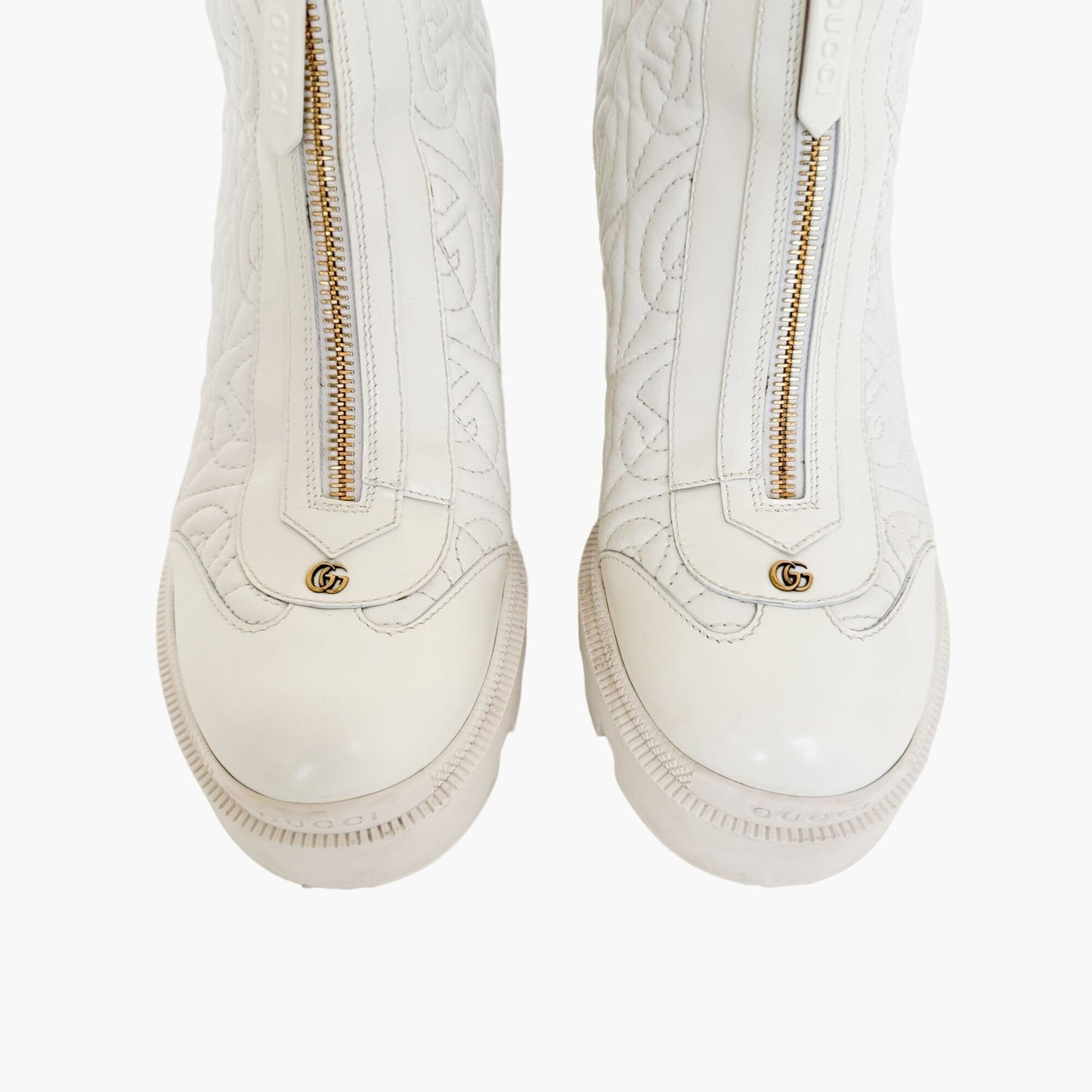 Gucci Trip Zip Front Ankle Boots in White Quilted Rhombus G Leather Size 38