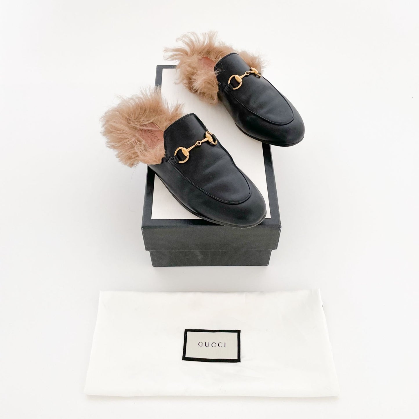 Gucci Princetown Shearling-Lined Leather Slipper in Black Size 36