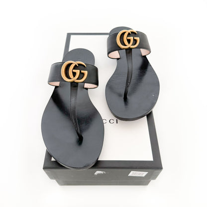 Gucci Marmont GG Thong Sandals in Black Leather Size 37.5