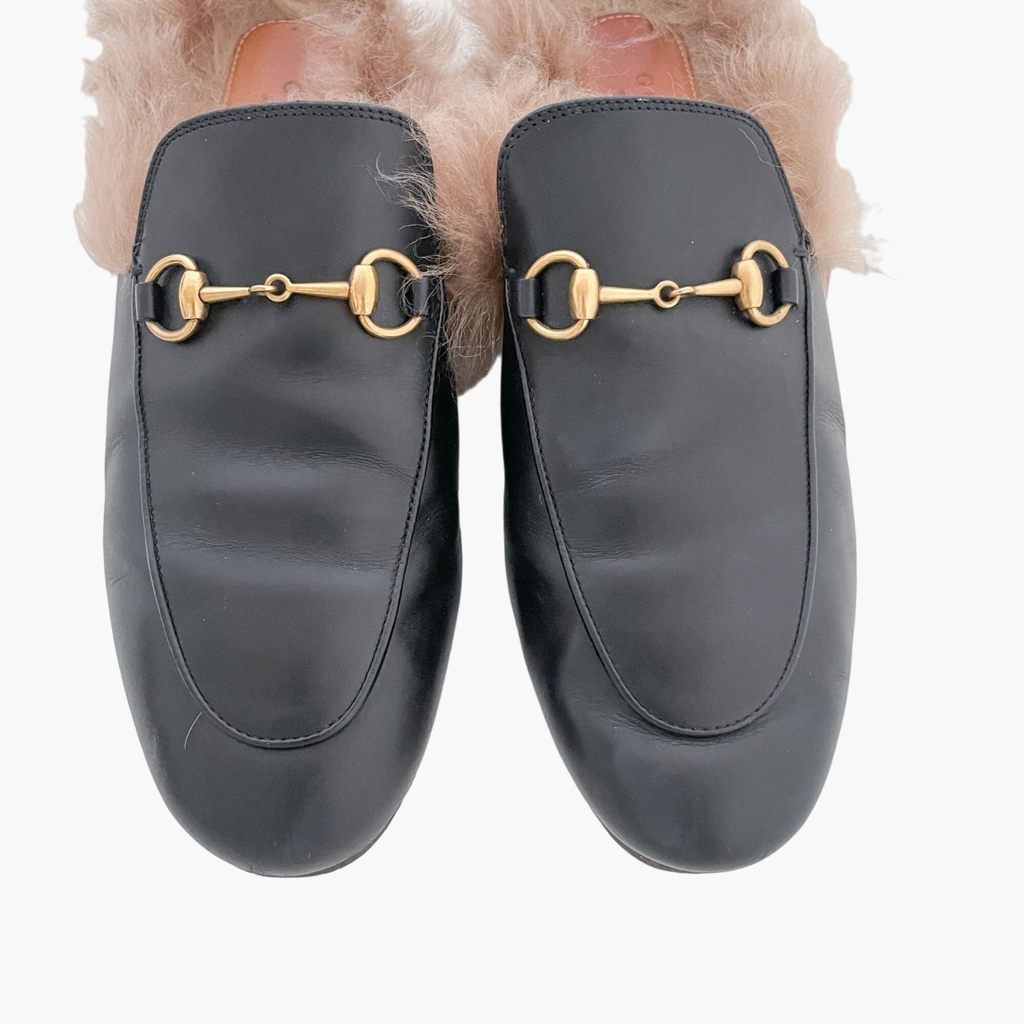 Gucci Princetown Fur-Lined Horsebit Slippers in Black Leather Size 38