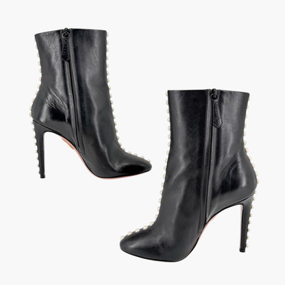 Aquazzura Follie Pearl Leather Ankle Boots Black Size 37