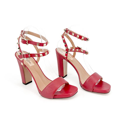 Valentino Rockstud Block Heel Sandals in Red Leather Size 39.5