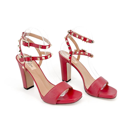 Valentino Rockstud Block Heel Sandals in Red Leather Size 39.5