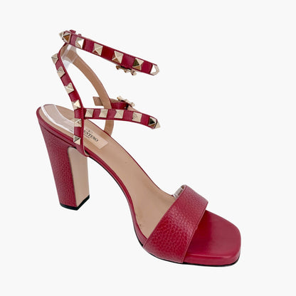 Valentino Rockstud Block Heel Sandals in Red Leather Size 39.5