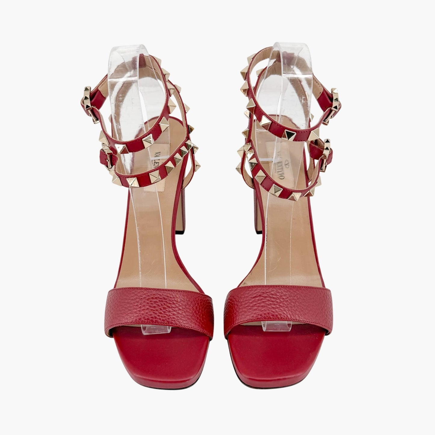 Valentino Rockstud Block Heel Sandals in Red Leather Size 39.5