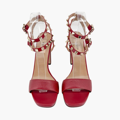 Valentino Rockstud Block Heel Sandals in Red Leather Size 39.5