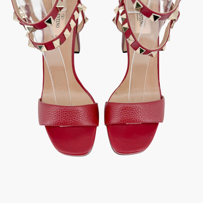 Valentino Rockstud Block Heel Sandals in Red Leather Size 39.5