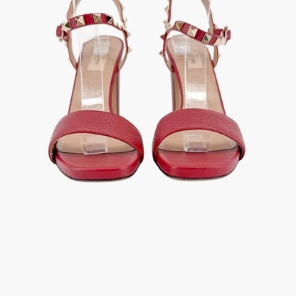 Valentino Rockstud Block Heel Sandals in Red Leather Size 39.5