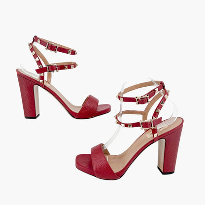 Valentino Rockstud Block Heel Sandals in Red Leather Size 39.5