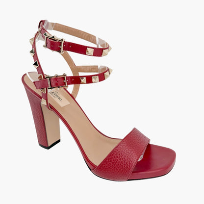 Valentino Rockstud Block Heel Sandals in Red Leather Size 39.5