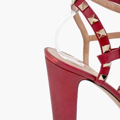 Valentino Rockstud Block Heel Sandals in Red Leather Size 39.5