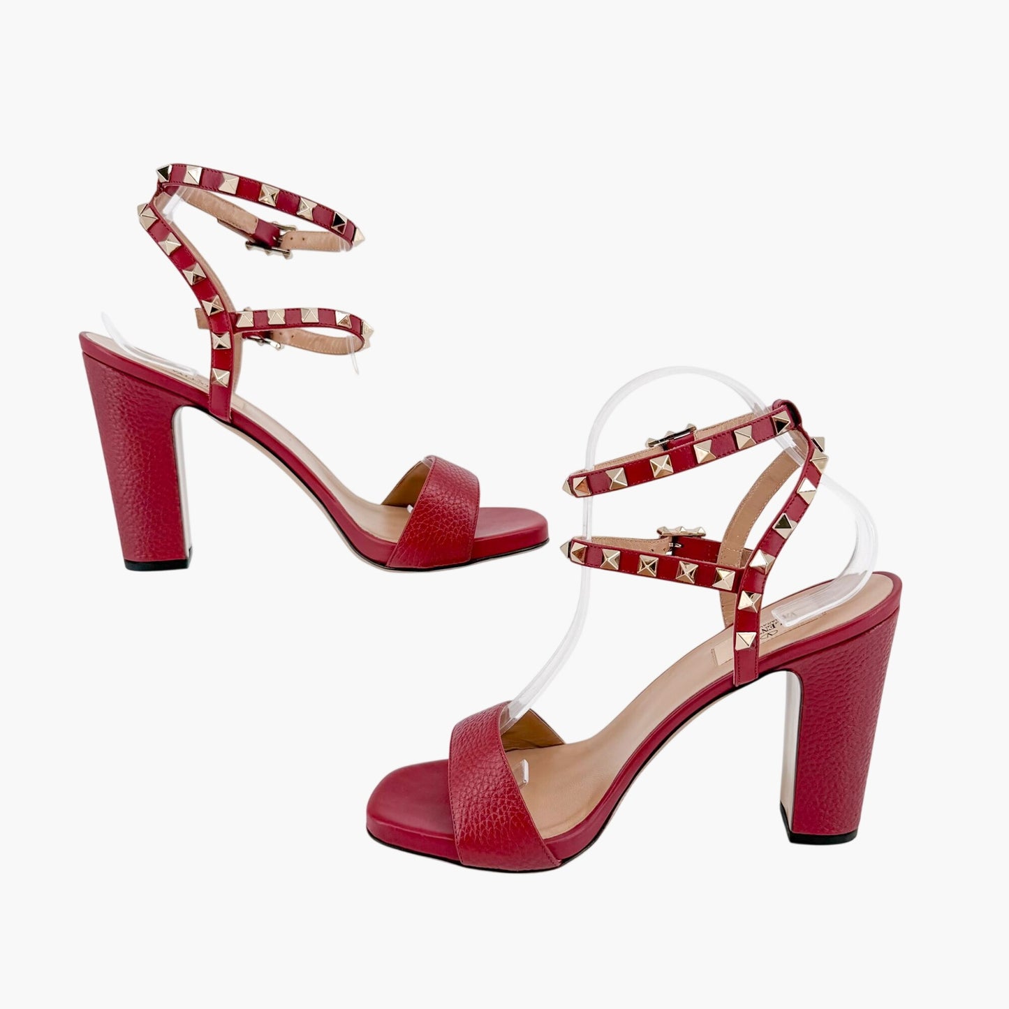 Valentino Rockstud Block Heel Sandals in Red Leather Size 39.5