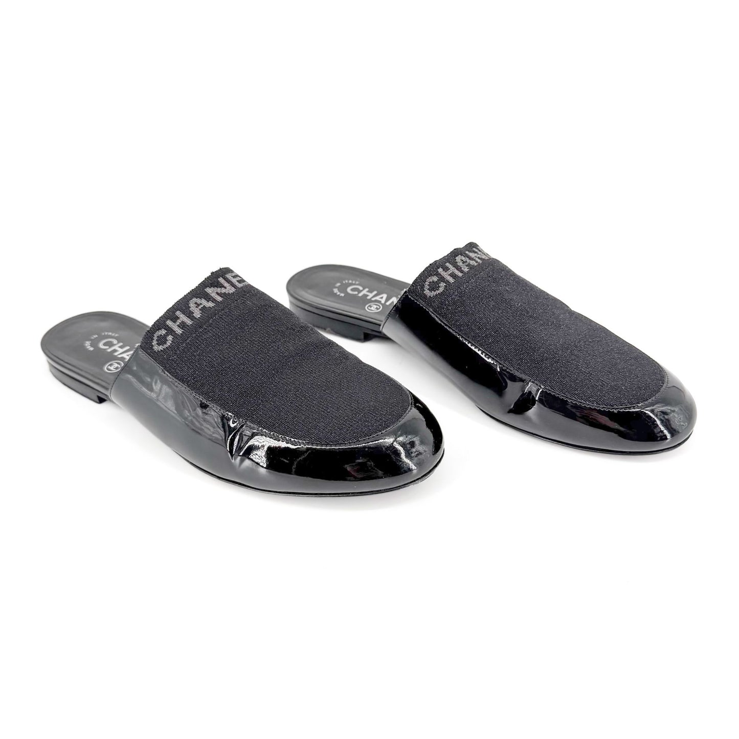 Chanel Logo Mule Flats Black Patent Glitter Size 39C